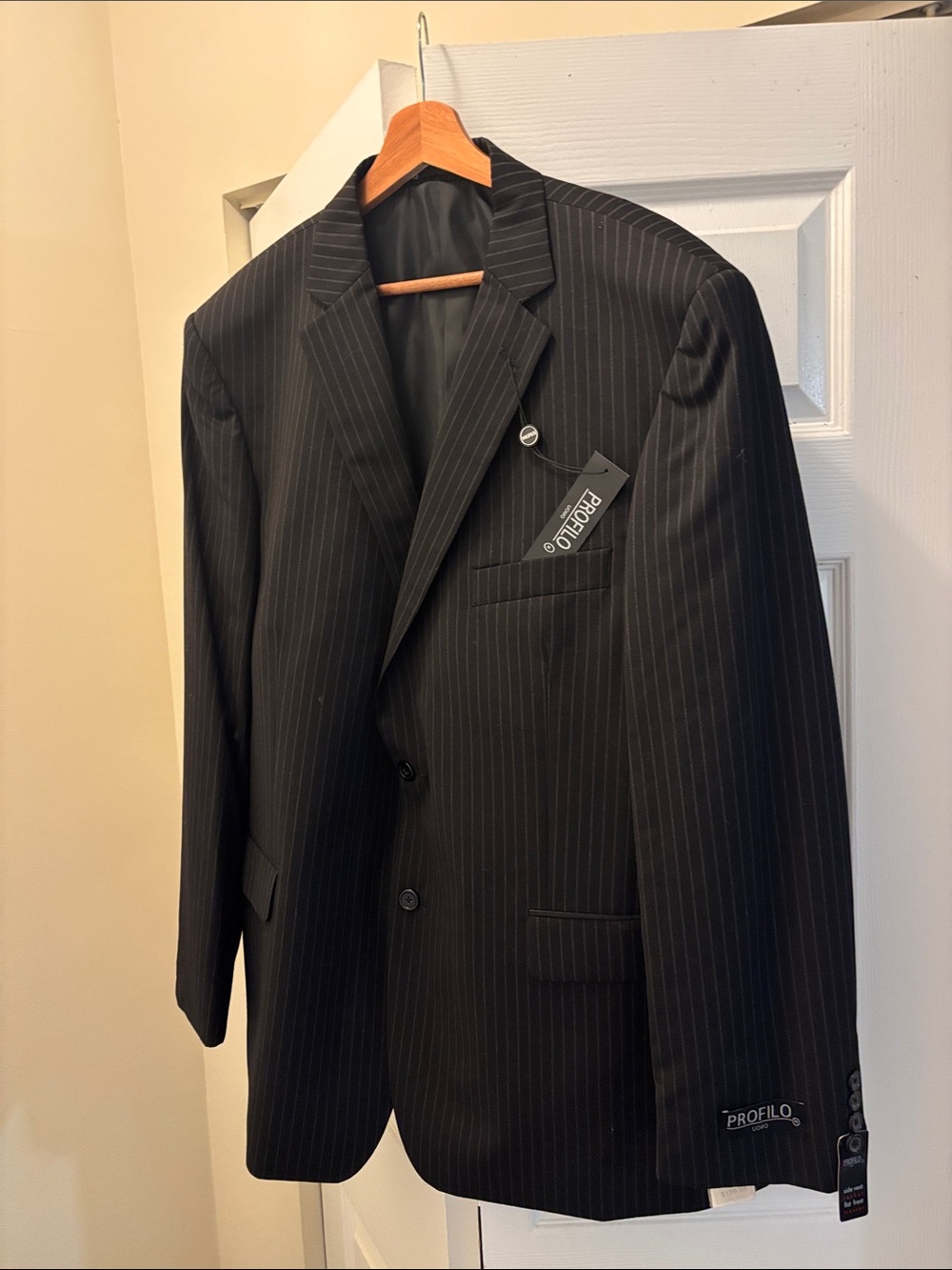 Men's Black Pinstripe Two-Button Suit Jacket